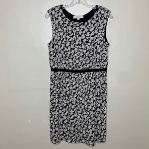 LOFT Dress Tan & Black Soft Jersey Knit Ribbon Waistband Popover Scoop Neck Md